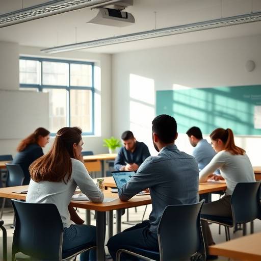 Image d'un cours d'anglais avec des √©tudiants travaillant en groupe sur un exercice.