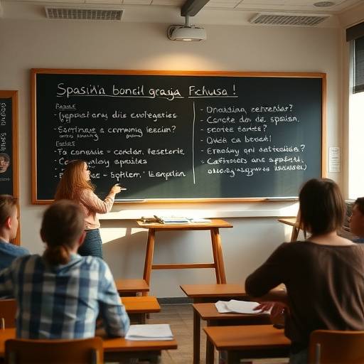 Image d'un cours d'espagnol montrant un professeur expliquant un point de grammaire au tableau.