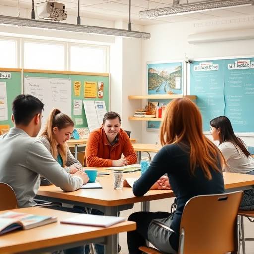 Image illustrative d'un cours d'anglais avec des √©tudiants travaillant en groupe.