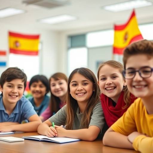 Image illustrative du cours d'espagnol avec des drapeaux de pays hispanophones et des √©tudiants souriants.