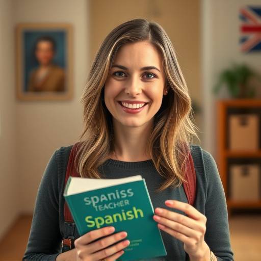 Portrait de Sophie Bernard, professeur d'espagnol, avec un sourire chaleureux et tenant un livre en espagnol.